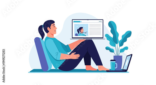 Relaxed Woman Engaged in Virtual Online Learning or Digital Content on Laptop at Home