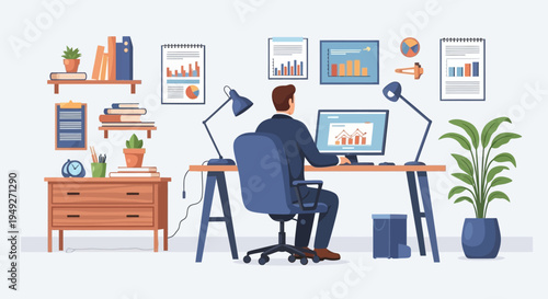 Businessman Working on Computer Analyzing Business Data and Reports in a Productive Office Workspace - Flat Vector Illustration