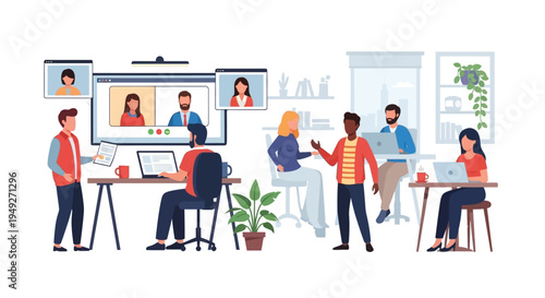 Diverse Team Working in Hybrid Office with Video Conference & Collaboration. Modern Business Concept Illustration