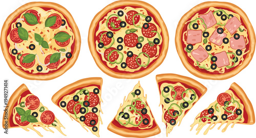Collection of Delicious Pizzas with Tomato, Olives, Ham, and Basil in Vector Style, Including Whole Pizzas and Slices