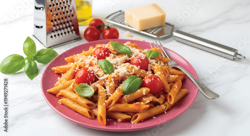 Penne Pasta with Tomato Sauce and Cheese on Pink Plate