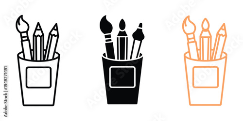 Pen Holder Icon, vector illustration of essential art supplies, desktop stationery symbol