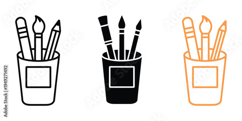 Pen Holder Icon, vector illustration of essential art supplies, desktop stationery symbol