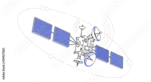 Satellite in orbit with solar panels and communication equipment
