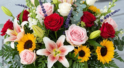 Vibrant Floral Arrangement - Roses, Lilies, and Sunflowers.