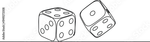 Minimalist continuous single line drawing of two gambling dice, gaming cubes with spots, modern graphic vector illustration, isolated on white background,