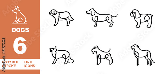 Dog Breeds, Canine Species, and Pet Profile Line Icons. Editable stroke icons for animal identification. Featuring Saint Bernard, Golden Retriever, Beagle, Collie, Terrier, and Labrador silhouettes.