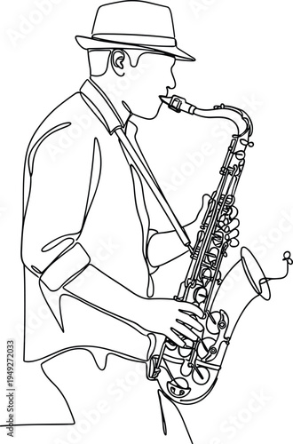 Minimalist continuous single line drawing of musician playing saxophone, jazz performance art, elegant musical silhouette, isolated on white background, vector