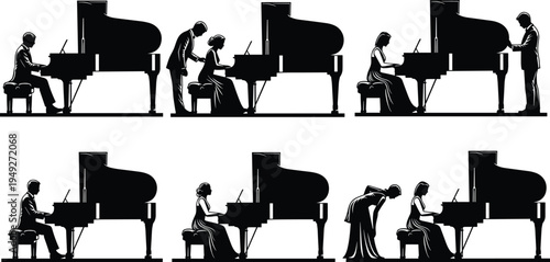 Grand piano performance silhouette vector set, male and female pianists playing music, classical concert silhouettes, musician recital, musical instrument icons.