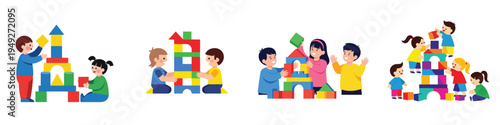 Playful children building with colorful blocks, simple flat vector style, isolated on white background.