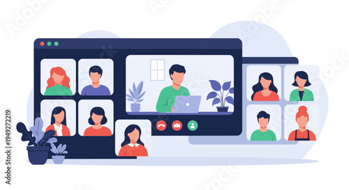 Video Conference Call Interface: Online Meeting, Remote Team Collaboration & Virtual Communication Grid with Diverse Participants