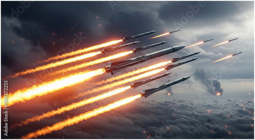 Missile Barrage - A Display of Advanced Military Technology and Aerial Warfare.