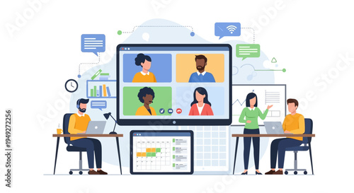 Virtual Team Collaboration: Online Video Conference and Remote Work Meeting Illustration