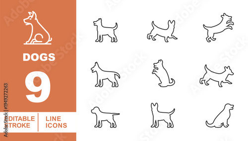 Dog Silhouette, Puppy Poses, and Canine Movement Line Icons. Editable stroke icons for animal branding and pet apps. Featuring standing dogs, jumping puppies, walking hounds, and sitting canine