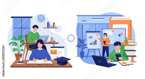 E-Learning, Online Education & Remote Study Concept. Individuals Engaged in Digital Learning, Professional Development & Self-Study.