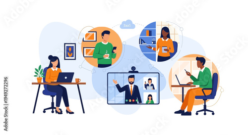Remote Work & Online Collaboration. Virtual Team Meetings, Distributed Workforce, SaaS Cloud Technology, Digital Communication.