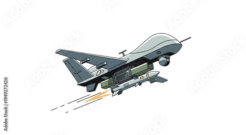 Armed Drone Launching Missiles in Flight Illustration.