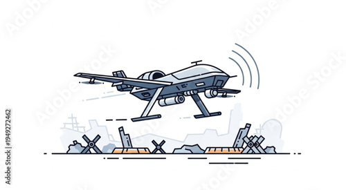 Military Drone Surveillance Over Barricades in War Zone.