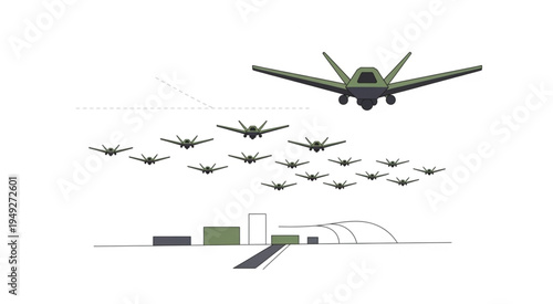 Futuristic Drone Swarm Launching from Underground Facility Concept.