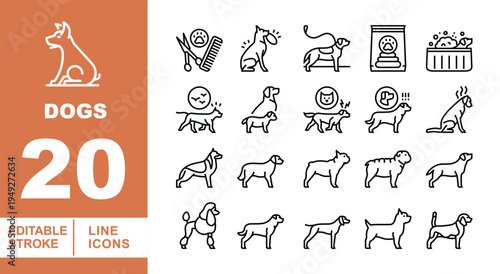 Dog Breeds, Puppy Grooming, and Pet Care Line Icons. Editable stroke icons for animal hospitals and pet shops. Featuring poodles, bulldogs, beagles, dog washing, grooming tools, and canine behavior.