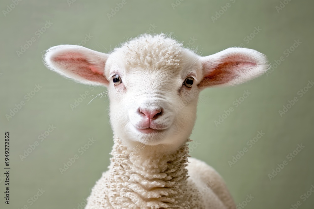 Fototapeta premium Cute young sheep looks at the camera with curiosity in a simple indoor setting during daylight hours
