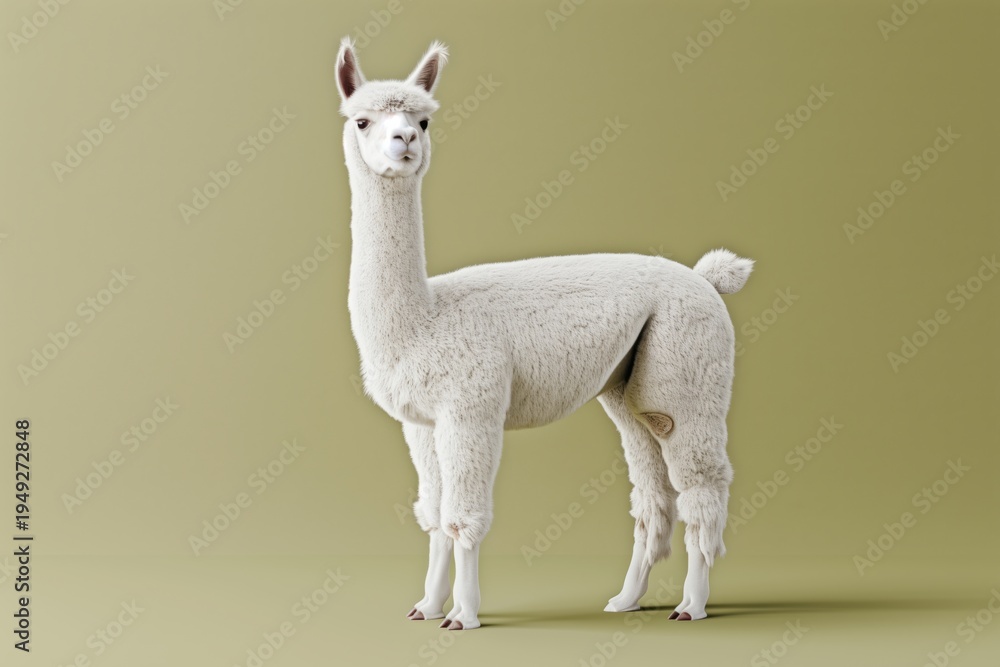 Naklejka premium Llama stands against a green background while looking calmly towards the viewer with curiosity and interest