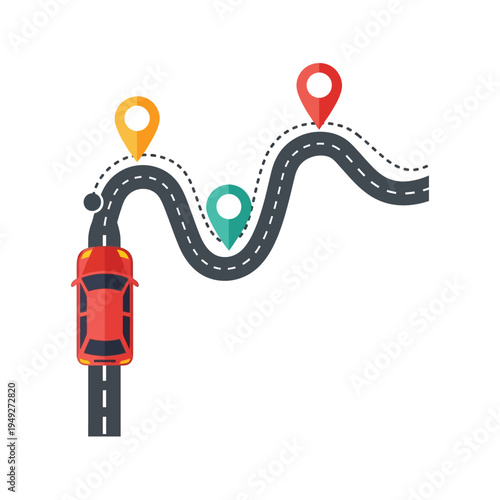 Red car on a winding road with location pins, illustrating a journey or travel route.