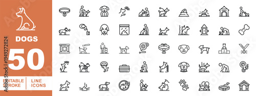 Dog Training, Canine Obedience, and Puppy Behavior Line Icons. Editable stroke icons for pet owners and professional trainers. Featuring agility hurdles, leashes, clickers, medals, dog sitting, walkin