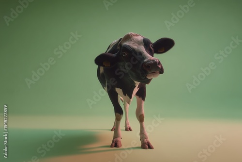 Cow stands in front of a green background while looking towards the camera during a studio session