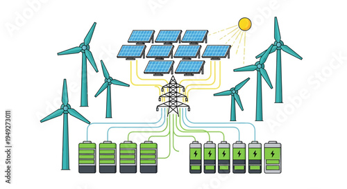 Renewable energy system with solar panels and wind turbines connected to batteries and power grid