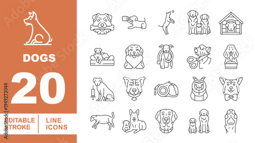 Dog Breeds, Veterinary Care, and Pet Grooming Line Icons. Editable stroke icons for animal clinics. Featuring pregnant dogs, vaccination, grooming scissors, diverse canine faces, and puppy adoption