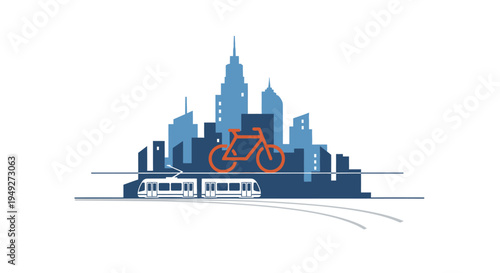 City Skyline with Bicycle and Train.