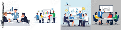 Office team discussion scene, colleagues sharing ideas at a conference table, clean minimalist flat vector style