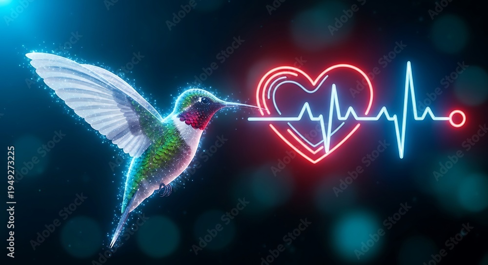Obraz premium Illuminated hummingbird touching a glowing heart with a pulsating heartbeat