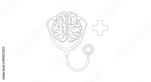 Brain with stethoscope and cross symbol.