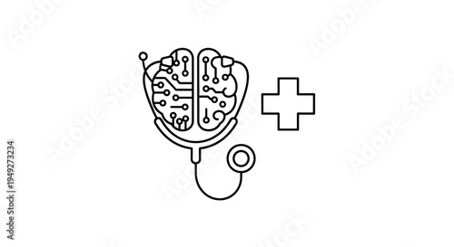 Brain with stethoscope and cross symbol.