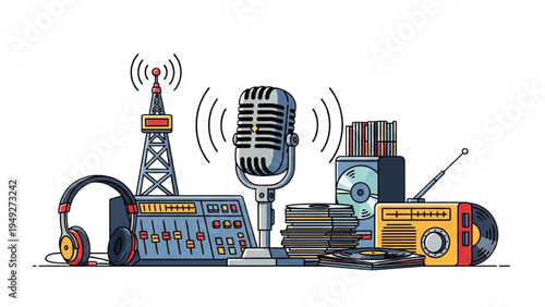 Vintage Radio Broadcast Studio Illustration – Microphone, Headphones, Mixer and Antenna Audio Media Concept