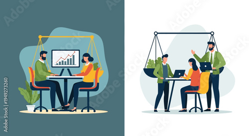 Business Balance and Growth Strategy: Professionals Analyzing Financial Data, Team Collaboration, and Sustainable Decisions with Scales of Justice