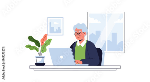 Senior Woman Using Laptop at Desk, Embracing Technology and Remote Work in Flat Illustration