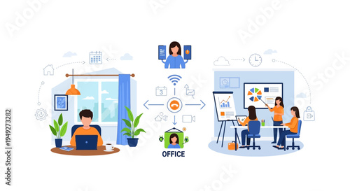 Hybrid Work Model Illustration: Seamless Remote and Office Team Collaboration with Digital Communication