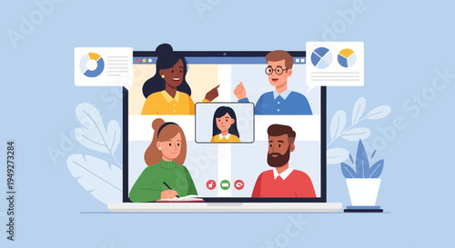 Diverse Team in Video Conference Meeting on Laptop. Online Business Collaboration, Remote Work, and Virtual Communication Concept.