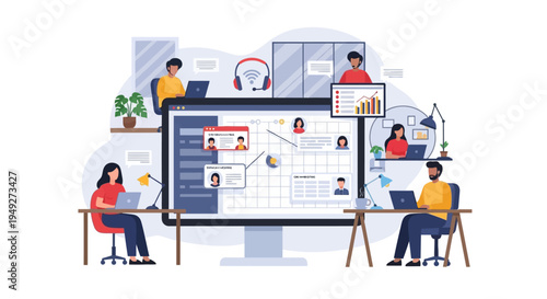 Remote Team Collaboration and Project Management via Online Platform - Digital Workplace Illustration
