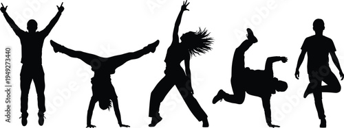Set of five black silhouettes of people performing dynamic dance poses, handstands, jumps, and breakdance moves isolated on a white background,