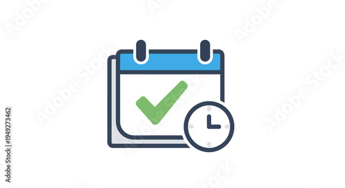 Calendar with checkmark and clock icon.