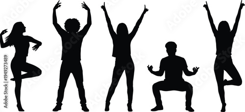Set of five black silhouettes of diverse people dancing in dynamic poses, expressive movement, party celebration, isolated on white background