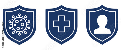 Shield icons for health, protection and safety concepts, secure defense symbol collection, medical security badge set, trust and insurance protection signs,