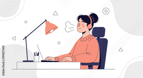 Woman relaxing at desk, working on laptop with headphones, taking a deep breath