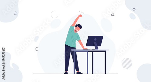 Man stretching at desk with computer, healthy office lifestyle, work-life balance