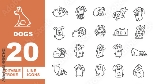 Funny Dog Expressions, Playful Puppy Characters, and Pet Lifestyle Line Icons. Editable stroke icons for animal branding. Featuring dogs with birthday hats, sunglasses, balls, and cute puppy poses.