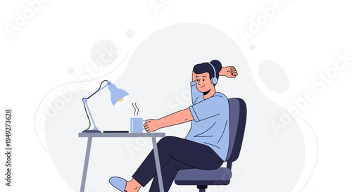 Man with headphones relaxing at desk with coffee and lamp, working from home concept